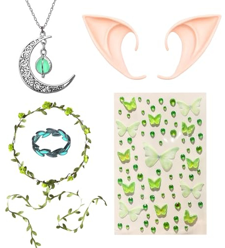 5 Stück Feen Kostüm Damen, Verstellbares Elfen Kostüm Damen mit Blumenkranz, Elfenohren, Halskette, Ring & Stickern, Waldfee Kostüme Frau für Karneval, Halloween, Fasching, Cosplay & Fantasy Events