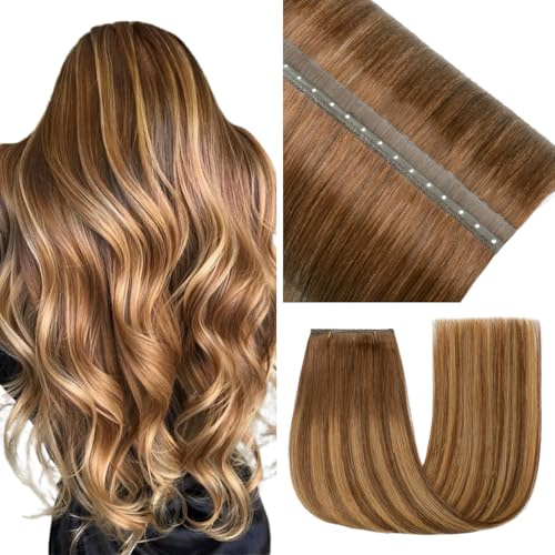EINbeauty Double weft hair Extensions Echthaar 50cm 50g Gerade Unsichtbar Echthaar Extensions Haarverlängerung（20Zoll，4/4/27#）