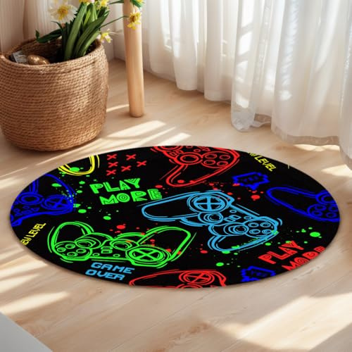 goodbath Round Gaming Rug 120cm, Non-slip Microfiber Gamer Circle Area Rugs for Bedroom Living Room Study Room Bedside Nursery Floor Mat Carpet Home Décor,4 Feet