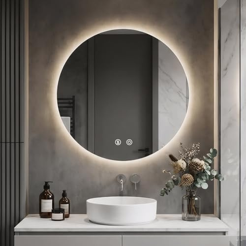 Hyaapwod Runder Spiegel mit Beleuchtung, LED Spiegel Rund 60 cm, Badspiegel mit Beleuchtung Rund, mit 3 Lichtfarben, Dimmbar, Touch-Schalter, Beschlagfrei, Speicherfunktion, 60 x 60 cm