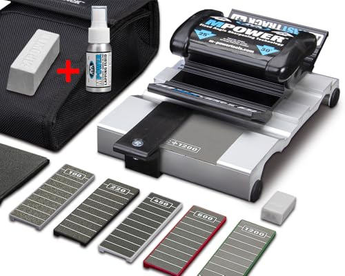MPOWER Chisel Sharpening Jig, Fixed Angle Honing Guide Complete Kit | Fasttrack Sharpener, With Lapping Fluid, Strop Wax, 5 Diamond Stones, Deburr Plate, Strop and Case, Fast Repeatable Results