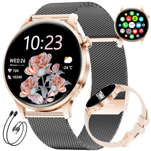 Montre Connectée Femme, Écran AMOLED 1,32 Ultra-fin Elégante Montre Femmes avec 2 Bracelets & 2 Câbles, 116 Modes Sport, Suivi du Cycle/Fréquence Cardiaque/Sommeil pour Android iOS, IP68, FV23-G