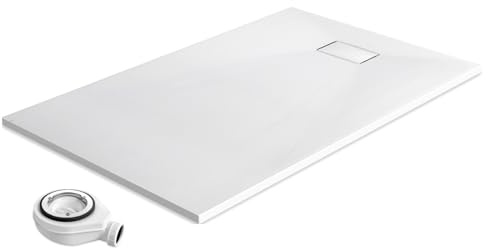 EMKE Duschwanne mit Siphon 140x90 cm Rutschfeste Duschtasse SMC Flachduschwanne Höhe 2.6 cm Duschwannen mit Zuschneidbar Abdeckung und 90mm Ablaufgarnitur Weiß