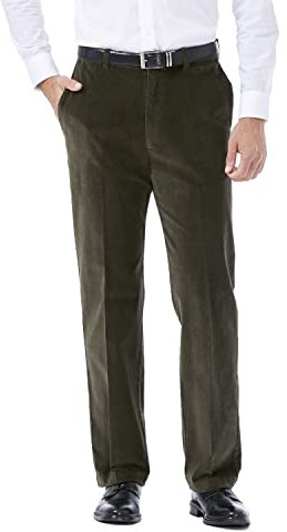 Haggar Herren 21 Wale Stretch Cord, Dehnbare Taille, Klassische Passform, einfarbige Vorderhose - Grün - 34W / 30L