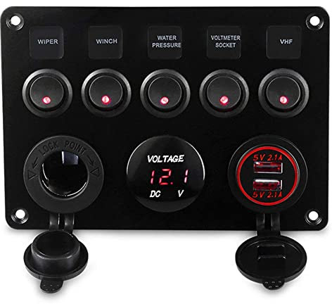 Geloo 5 Gang Schalter Panel, 12V/24V Kippschalter Panel IP65 Wasserdichte LED Voltmeter Dual USB Buchse Ladegerät für Auto Boot Marine RV Truck Camper Fahrzeuge
