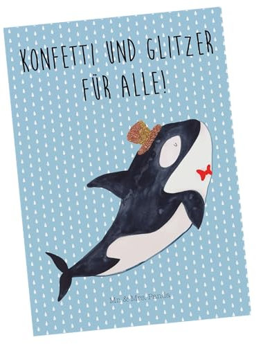 Mr. & Mrs. Panda Postkarte Orca Zylinder - Geschenk, Glitter, Meer, Glitzer, Einladungskarte, Geschenkkarte, Ansichtskarten, Urlaub, Glückwunsch,