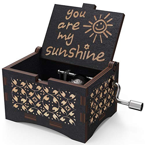 HLZK You are My Sunshine Holz-Spieluhr, lasergraviert, Vintage-Stil, Sonnenschein, Musikbox, Geschenke für Geburtstag/Weihnachten/Valentinstag (schwarz)