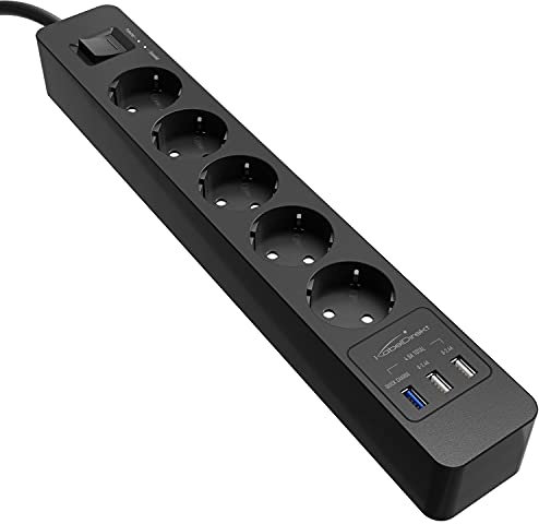 KabelDirekt – 5-Fach-Steckdosenleiste & Mehrfachsteckdose (USB, Quick Charge 3.0, Schnellladegerät, lädt geräteabhängig bis zu 3× schneller, Überspannungs-/Berührungsschutz, TÜV-geprüft, schwarz)