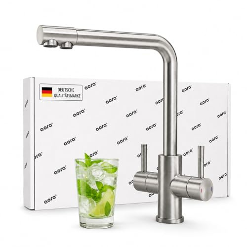 AORA® VANTO INOX 3 Wege Wasserhahn Küche aus massivem Edelstahl 304 – Küchenarmatur Hochdruck für Wasserfilter & Osmoseanlage – Spültischarmatur mit 360° Auslauf – Mischbatterie Küche | L-Auslauf