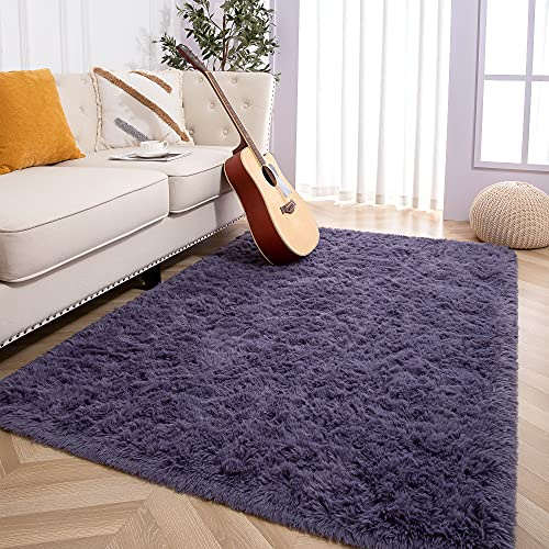 Foxmas Großer Teppich für Wohn-/Schlaf-/Kinderzimmer, flauschiger Hochflorteppich, Plüsch-Nursery-Teppich, weicher Teppich für Jungen, Mädchen, Studentenwohnheim, 152 x 244 cm, Grau/Violett
