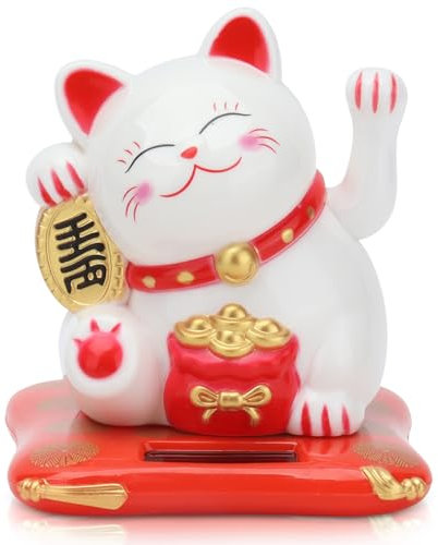 HERCHR Chat Fortune,Chat de Fortune à énergie Solaire,Chat Porte-Bonheur,Chat Porte-Bonheur à énergie Solaire,Chat accueillant avec Un Bras agitant,Chat Porte Bonheur Japonais,6,5 × 7 × 8 cm(Blanche)