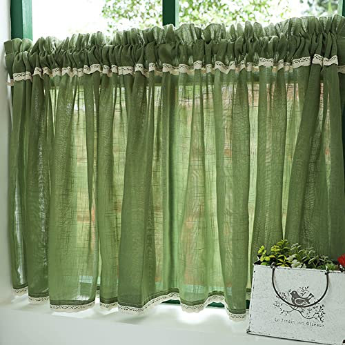 Ricemru Grün Scheibengardinen Bistro Leinen Häkelspitze 60 Hoch,Bistrogardine Halbtransparent Modern Küche,Küchegardine Kurzstore Gardine Fenstervorhang Wohnzimmer,150x60cm