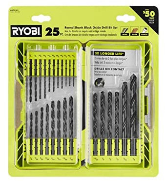 RYOBI Schwarzes Oxid-Bohrer-Set mit rundem Schaft, 25-teilig