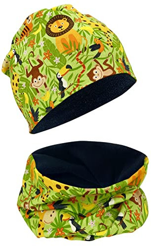 HECKBO Kinder Beanie Wintermütze & Schal Set - Dschungel - 2-6 Jahren - 95% Baumwolle mit Vlies Fleece Mütze - Einheitsgröße
