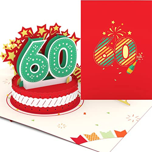 Liebessa Geburtstagskarte zum 60. Geburtstag 3D Pop-Up Karte für Frau oder Mann - Handgemachte Jubiläum Glückwunschkarte, Geburtstagskarte mit Umschlag (60 Jahre - Rot)