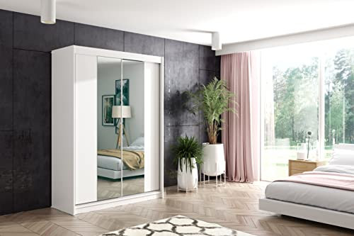 ALTDECOR Kleiderschrank mit Spiegel und Schiebetüren, kugelgelagerte Führungsschienen und Aluminium-Leisten, LED-Beleuchtung (weiß + 16 Farben) und Fernbedienung - LUZO - 120 cm Weiß