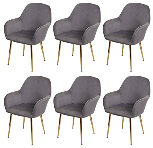 Mendler 6er-Set Esszimmerstuhl HWC-F18 - Samt grau, goldene Beine | Stuhl, Küchenstuhl, Retro Design