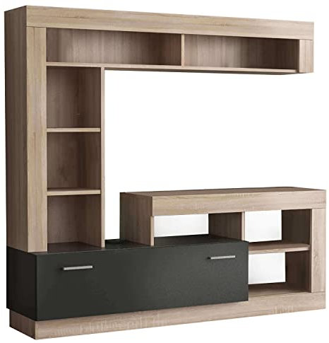 Cosma Parete attrezzata soggiorno mobile porta tv zona living stile moderno con pensili e vani libreria di colore Antracite e Quercia chiaro mod. Leonard