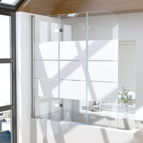 Duschwand für Badewanne 3-teilig 120x140cm Faltbar Gestreift Duschabtrennung, Silber Badewannenaufsatz Duschtrennwand 6mm ESG Sicherheitsglas, Streifenmuster Falttür Badewannenfaltwand Trennwand