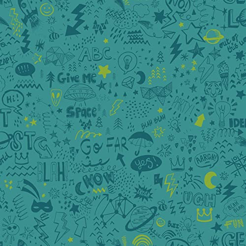 Doodle Teal/Neon Yellow Kids Bedroom Wallpaper (13341)