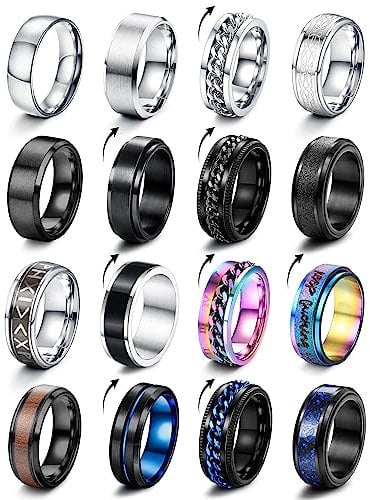 CASSIECA 16 Stück Edelstahl Ringe Herren Fidget Spinner Anti Angst Ringe Band Ketten Ringe Silber Schwarze Ehering Verlobungsringe Zappel Ring Geburtstag Geschenke für Herren Größe 52