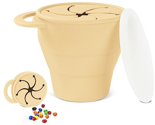 Vicloon Snack Becher, Snackbecher Silikon, Zusammenklappbarer Baby-Snackbecher aus Silikon, Praktische Aufbewahrung Greifbox mit Deckel Cup, Snack Becher Für Babys Und Kleinkinder (Beige)