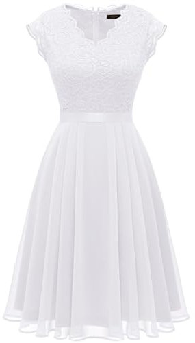 Dressystar Prom Dress V Neck Sleeveless Lace Chiffon White Dress for Women Bridesmaid Dress Short Dress Cocktail Dress White, S