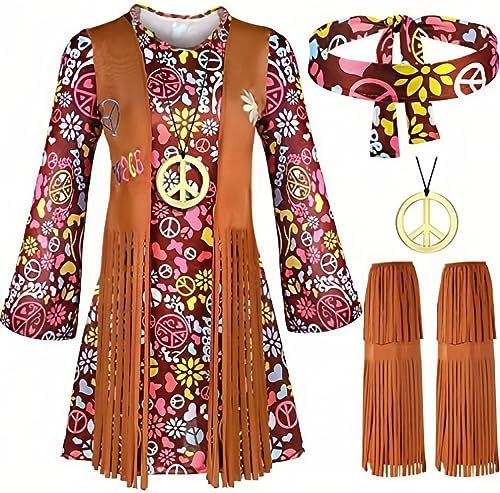 AMMICCO Costume hippie da donna, da discoteca, da donna, abito hippie, anno 70, hippie da donna, costume Halloween, carnevale, vestito 60S, 70S, da donna, per adulti, ragazze, vestito (3XL)