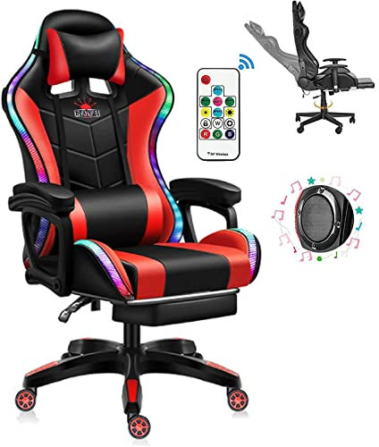 Silla de juego LED con altavoces Bluetooth, masaje lumbar Soporte Video Game Chair Silla de oficina de carreras ergonómica PU Silla de computadora reclinable de cuero,Rojo