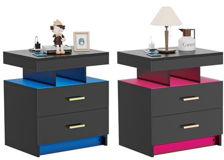 PIPIPOXER 2er Set Nachttisch Schwarz mit 2 Schubladen, Nachttisch LED Hochglanz, Nachtkommode Led 16 Einstellbare Farben, Nachtschrank Schlafzimmer, Nachtschrank Tisch, 50x40x58cm