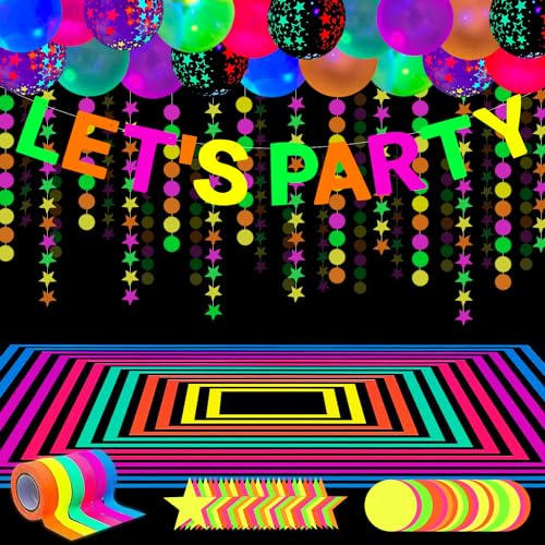 52 Packungen Leuchtendes Neon Partyzubehör Leuchtende Party Dekorationen Neon-Geburtstags-Party-Zubehör Schwarzlicht Reaktive Dekoration Set - Fluoreszierende Banner, Girlanden, Ballons, Klebeband
