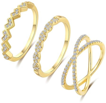 FUNEIA 3 Stück Ring Silber Damen Frauen Stapelbare Ringe Set 18 Karat Weißgold Ehering Verlobungsring Trauringe Weiß Zirkonia Fingerring Knöchelringe Schmuck Größe 49-62 (Gold Set A, 60(18.9))