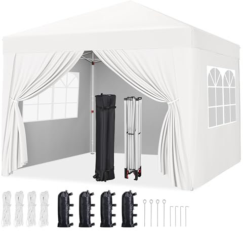 Yaheetech Pop-Up Gazebo 2x2 with 4 Removable Side Panels, Silver-costed Oxford Marquee Canopy with Wheeled Bag & Sandbags, Metal Frame Shelter Tent for Outdoor Garden Party Camping, White