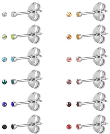 12 Paar Ohr Piercing Ohrstecker Set, vergoldet chirurgischen Edelstahl Multicolor Birthstone Cubic Zirkonia Ohrstecker für Ohr Piercing Guns Silver 2mm