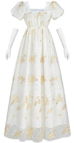 Fiamll Vestido de cintura imperio para mujer, vestido de baile de regencia para mujer, disfraz renacentista Cottagecore con guantes, dorado, L