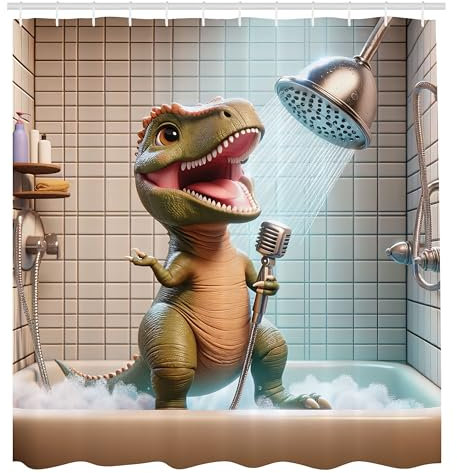 ABAKUHAUS Vert Rideau de Douche, Scène Fantaisiste De Personnage De Dinosaure Prenant Une Douche Et Chantant, Material Resistente al Agua Durable Estampa Digital, 175 cm x 200 cm, Vert Olive Tan Foncé