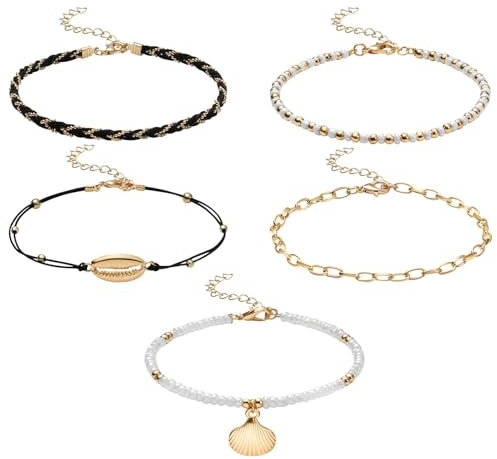 Aucuu 5pcs Bracelets de Cheville pour Femme, Chaîne de Cheville de Style Bohème, Bracelet Cheville Reglable, Bracelets de Cheville avec Pendentif en Forme de Coquillage, Bijoux de Plage pour Femmes