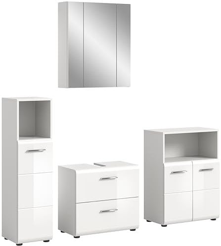 xonox.home Badezimmer Ice 4tlg. Kombination Badmöbel Set kleine Bäder Komplettprogramm Bademöbel-Set in Front weiß Hochglanz Tiefzieh Korpus weiß