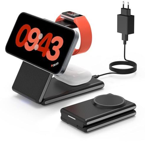3 in 1 Faltbare Kabelloses Ladegerät für iPhone und Fitbit Watch, Magnetische Induktive Ladestation für iPhone 16/15/14/13/12 Pro Max, Fitbit Watch Charge5/6/Luxe, AirPods 4/3/2/Pro, mit 30w Adapter