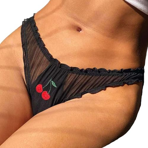 Sexy Spitzen Unterhosen Damen String Tanga Süße Niedriger Unterwäsche Obststickerei Netz Rüschen Panties Hipsters Weiche Dehnbare Höschen (DE/NL/SE/PL, Alphanumerisch, M, Regular, Regular, Schwarz)