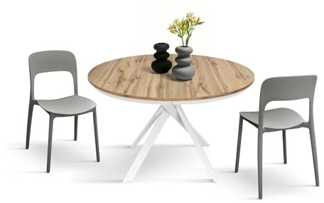 PAZZO DESIGN Tavolo Rotondo Allungabile Gabri, Tavolo Soggiorno e Cucina, Gambe Incrociate Shangay Bianche, Made in Italy, Rovere Rustico, da 120 a 170 cm