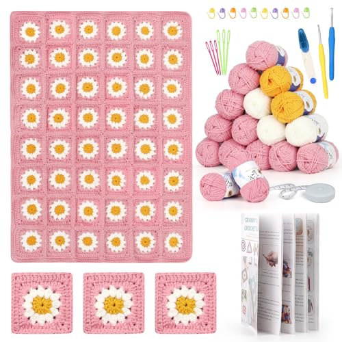 Reessy Kits de ganchillo para adultos principiantes, kit de manta de ganchillo, kit de inicio de manta cuadrada Daisy Granny con instrucciones paso a paso, kit completo de ganchillo para principiantes