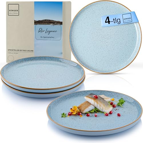 Sänger Rio Lagune| Teller Set 4 Personen, 4x Speiseteller Set aus Steingut, Dinner Set kratz- mikrowellen- spülmaschinenfest, Steingut Teller Essteller blau | VALUE COLLECTON