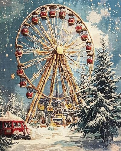 ANSIWEIGO Winterlandschaft Malen nach Zahlen Set,Weihnachtsriesenrad,Handgefertigte digitale Ölgemälde,Eine Mischung aus Kunst und Kunsthandwerk(40x50cm,Ohne Rahmen)