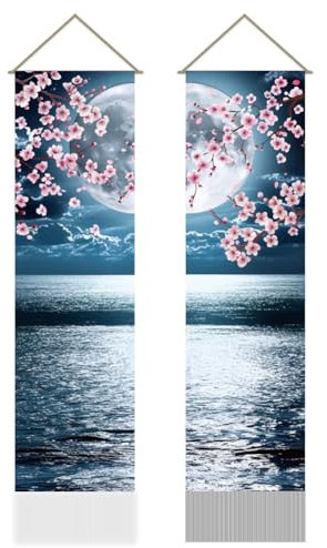 AHANDMAKER 2 Stück Wandteppich Mit Japanischer Anime Landschaft. Ozean Mond Kirschblüte Vertikal Wandteppich Wandbehang Ästhetischer Für Das Wohnzimmer Wanddekoration (45.7x13 Zoll)