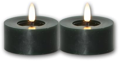 Star Trading 060-09 LED-Echtwachs-Kerze Flamme Flow T-Light 2er Set, dunkelgrün, Wachsspiegeloptik, 5,5x7 cm, naturgetreue Flamme, Batterie, Timer, Vierfarb-Karton