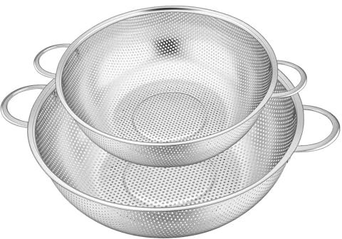 Lot de 2 passoires de cuisine avec poignée - 22 cm de diamètre et 19 cm - Passoire à pâtes en acier inoxydable pour égoutter les pâtes, les légumes et les fruits - Passent au lave-vaisselle