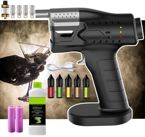 Handgehaltener KalträUcherofen,Einstellbare Rauchmenge,Cocktail-RäUcherset-350Ml SeifenblasenflüSsigkeit/4 Schwammkerne/1Brennstofftank/5 äTherische öLe,Rauchgenerator,GeträNke-Ei-Set,Black