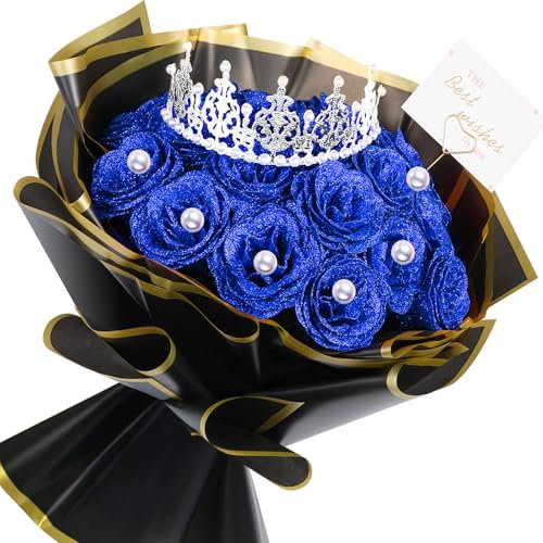 TLY Glitzer-Rosenstrauß, Blaue Rosen, künstliche Blumen mit Blume, Geschenkpapier, Kronen, Karten für Valentinstag, Jahrestag, Verlobung, Hochzeit, Schulanfang (24, Königsblau)