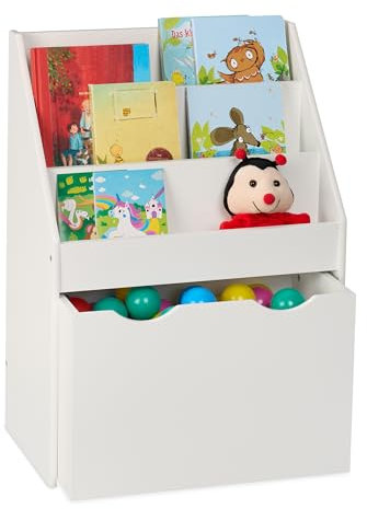 Relaxdays Bücherregal Kinder, HxBxT: 69,5 x 50,5 x 28 cm, 3 Bücherfächer, Spielzeugkiste mit Rollen, Kinderregal, weiß